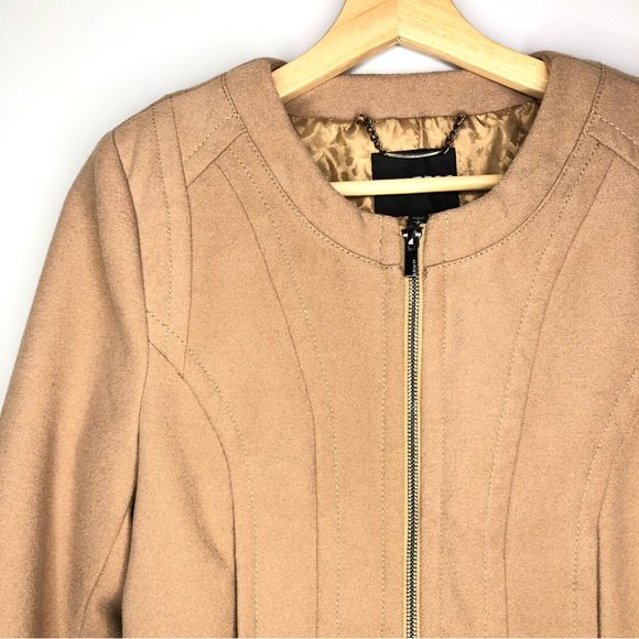 EXPRESS Women's Tan Zip-up Jacket Blazer Crew Neck Long Sleeves office career - Picture 5 of 8